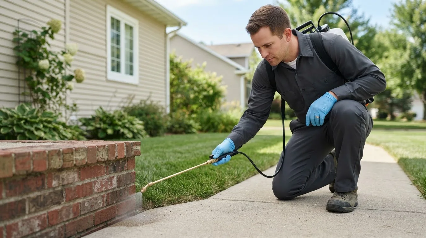 Pest control technician treating a home near Whitt, TX