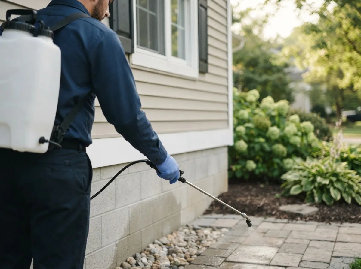 Pest control technician inspecting a home in Whitt, TX